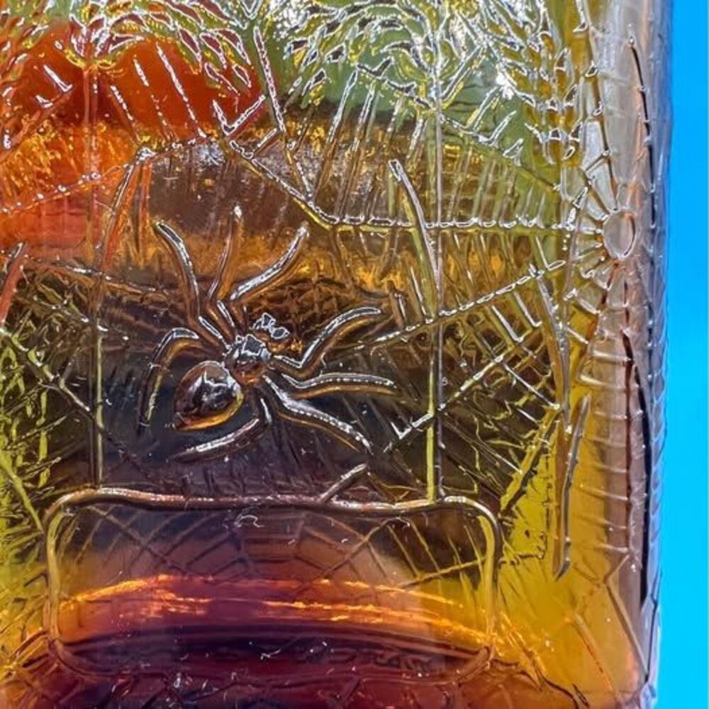 Bottle Amber Glass Embossed Spider Web Design - Picture 2 of 4